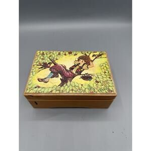 Vintage Wood Jewelry Box w/ Child in Tree Illustration Pink Felt Lined Interior